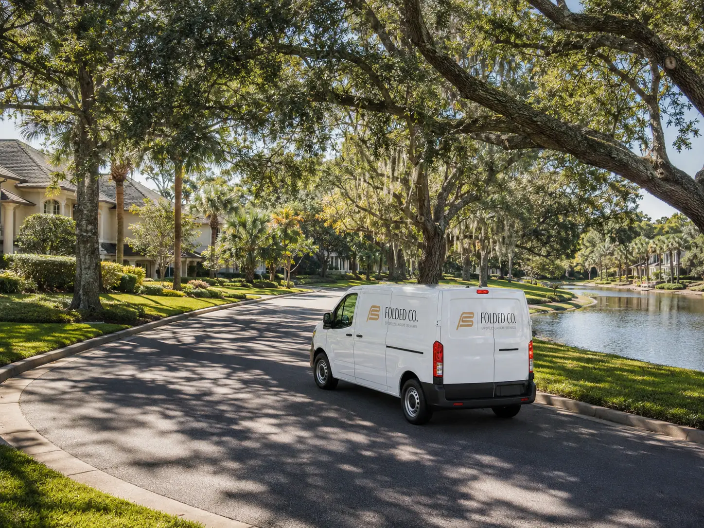 Folded Co. Laundry Pickup And Delivery Van Driving Through A Scenic Lakeside Neighborhood In Jacksonville ZIP Code 32257.