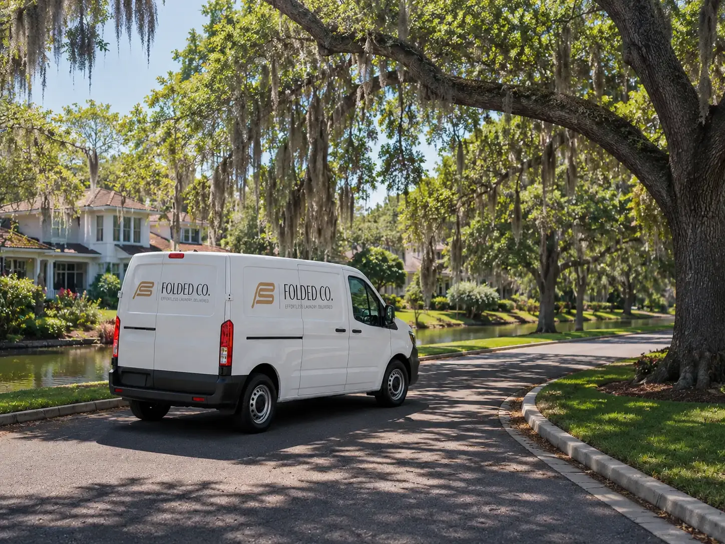 Folded Co. Laundry Pickup And Delivery Van Traveling Through A Tree Lined Residential Neighborhood In Jacksonville ZIP Code 32217.