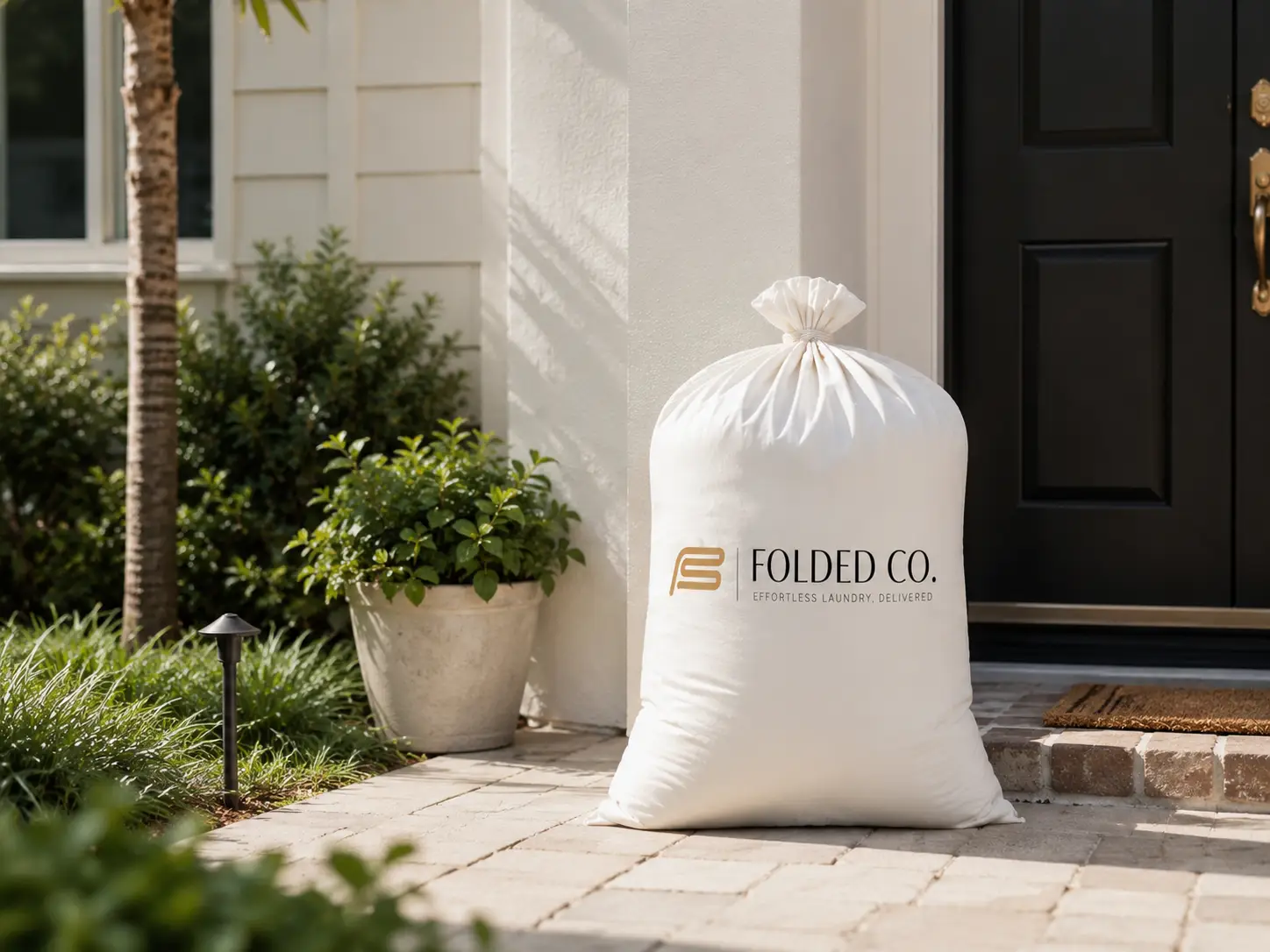 Folded Co. Laundry Pickup Bag On A Front Porch With Delivery Van On A Jacksonville Route