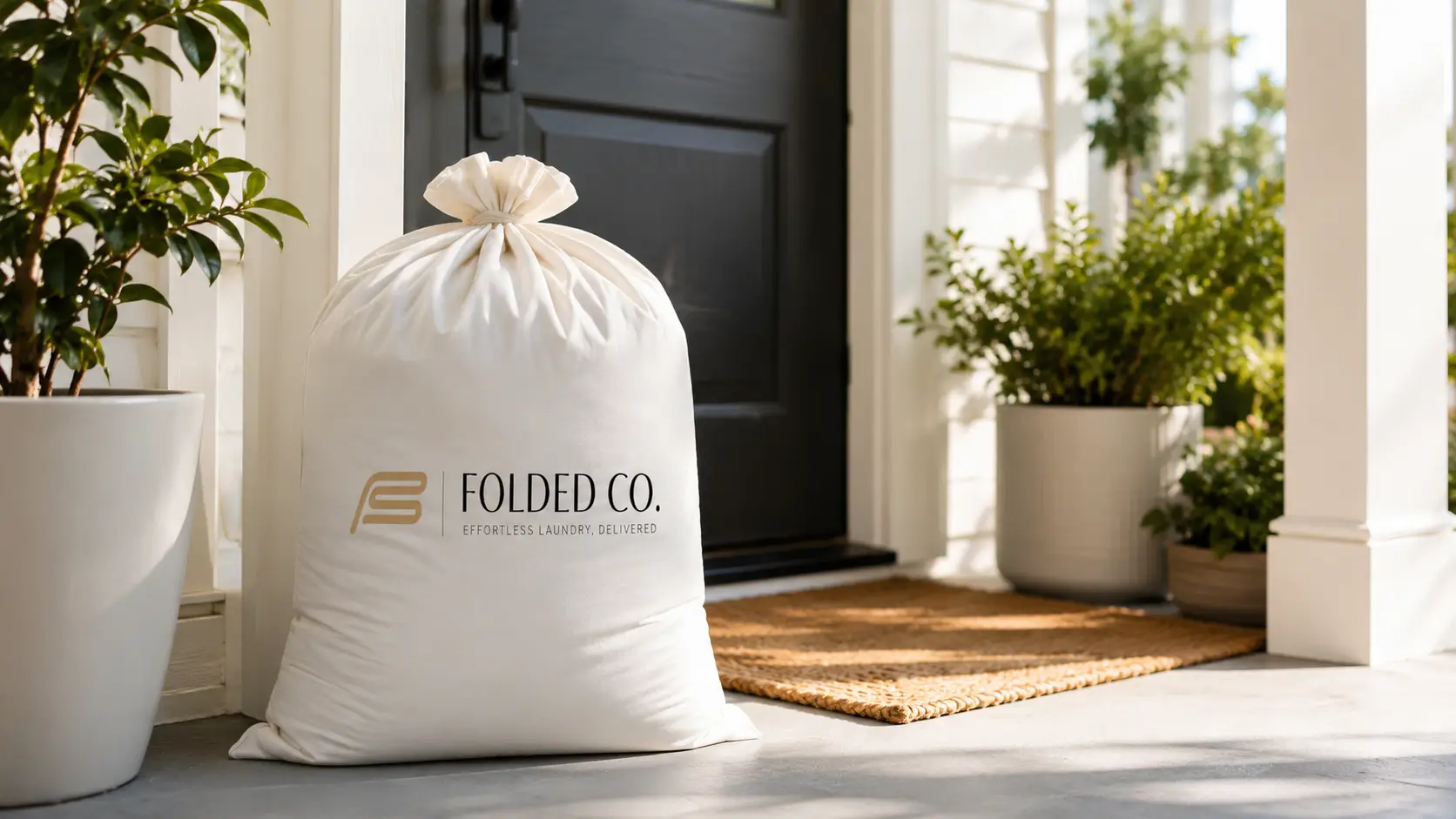 Folded Co. Laundry Pickup Bag Near A Front Door For Jacksonville Pickup And Delivery Service