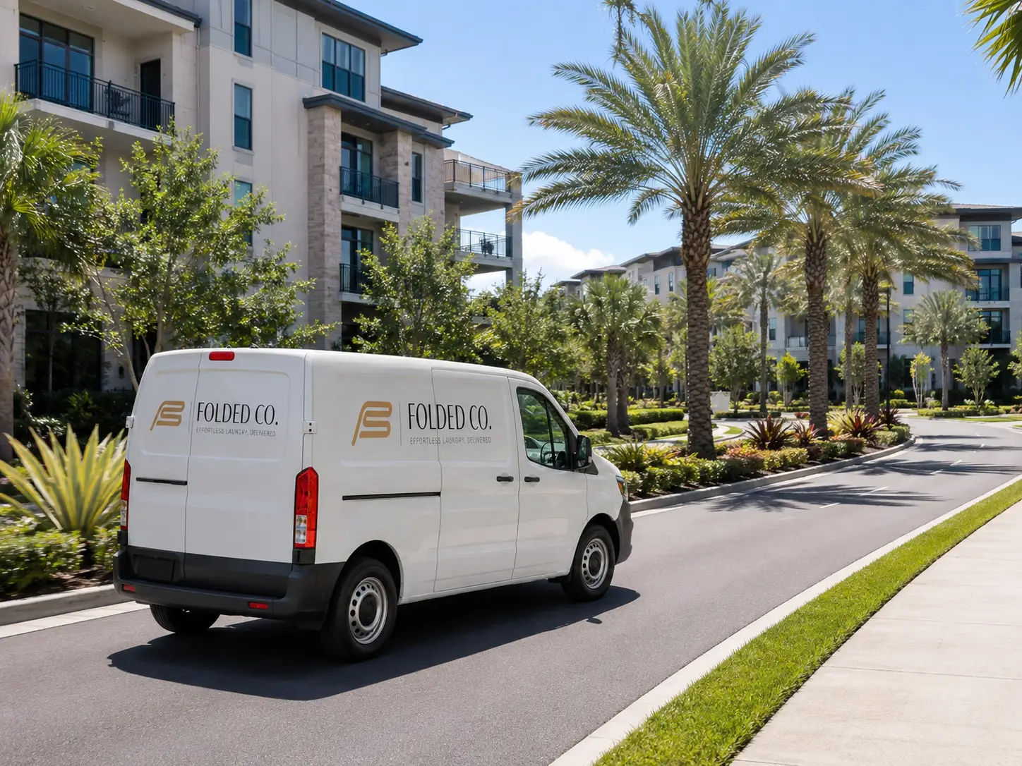 Folded Co. Laundry Pickup And Delivery Van Traveling Through A Modern Neighborhood Near State Road 9B In Jacksonville ZIP Code 32256.