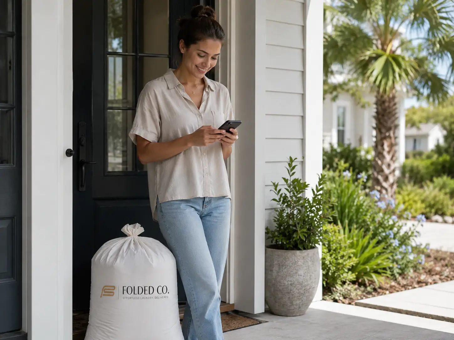 Customer Checking Laundry Pickup Details Beside A Folded Co. Laundry Bag In Jacksonville